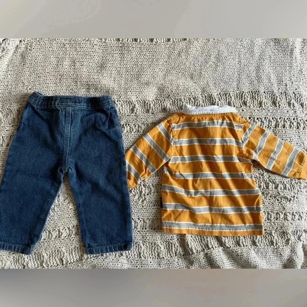 Sesame Street 6-9 months orange striped long sleeve lion shirt and jeans outfit​
